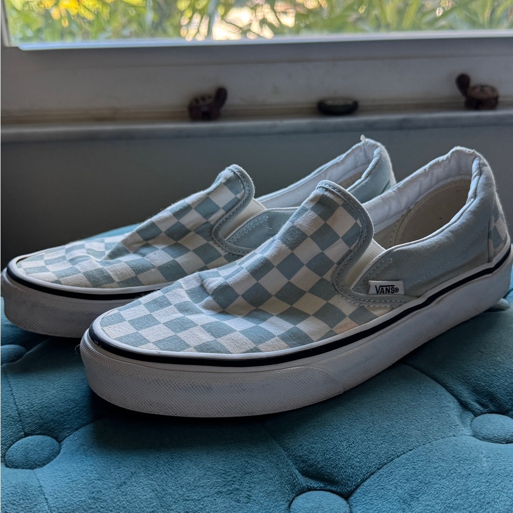 Vans Light Blue and White Checkered Slip-Ons